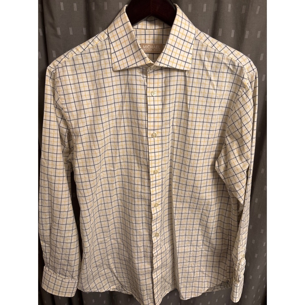 Michael Kors Mens Slim Fit Dress Shirt 15-15.5 32/33 White Yellow Blue Check